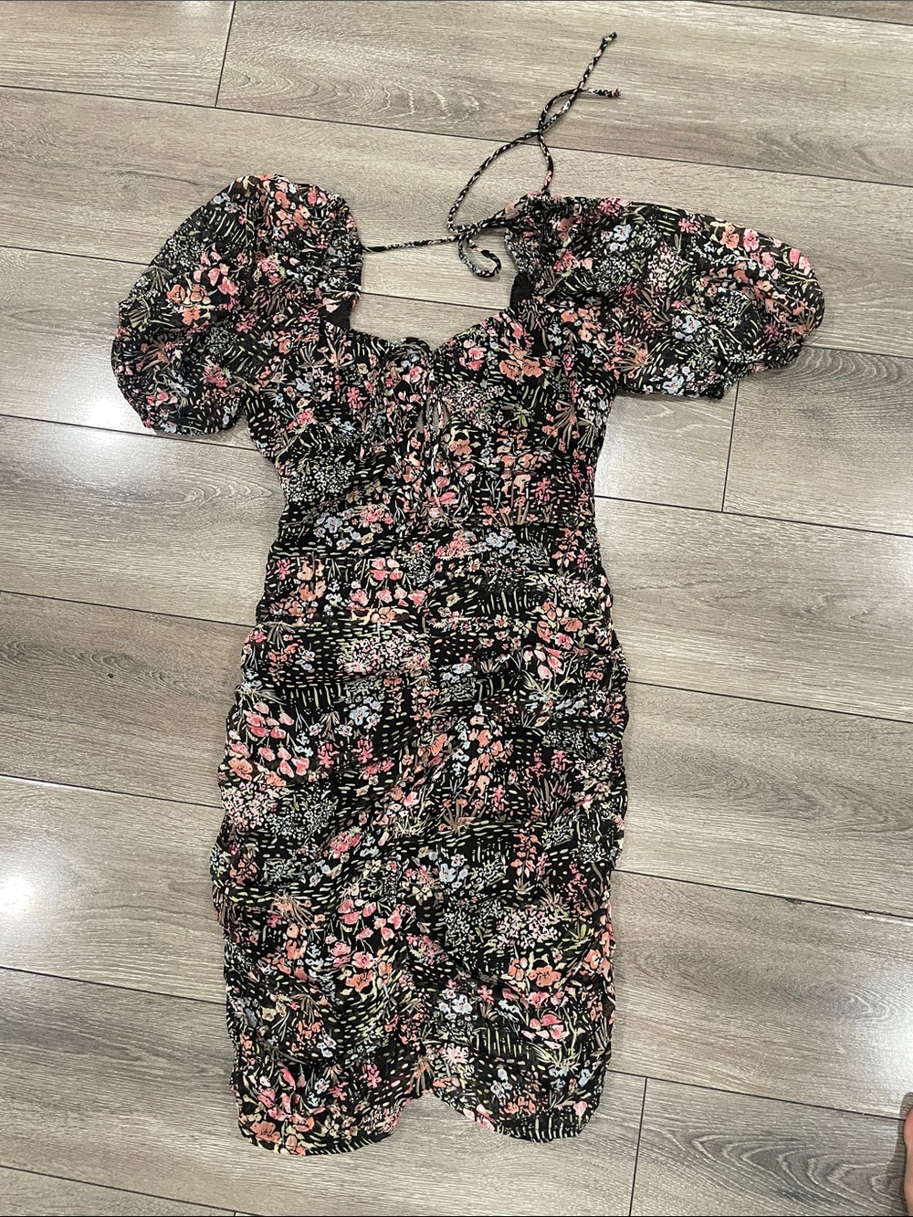 Black Floral Puff-Sleeve Midi Dress - Unknown Brand